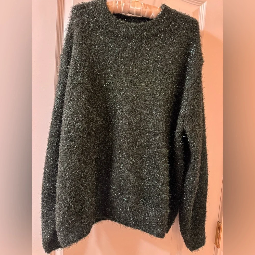 H&M Forest Green Fuzzy, Sparkly Sweater, Size Large